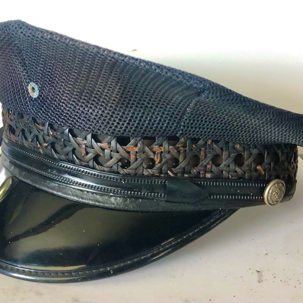 Vintage Navy Straw Trim Officer Style Cap - Navy & Black